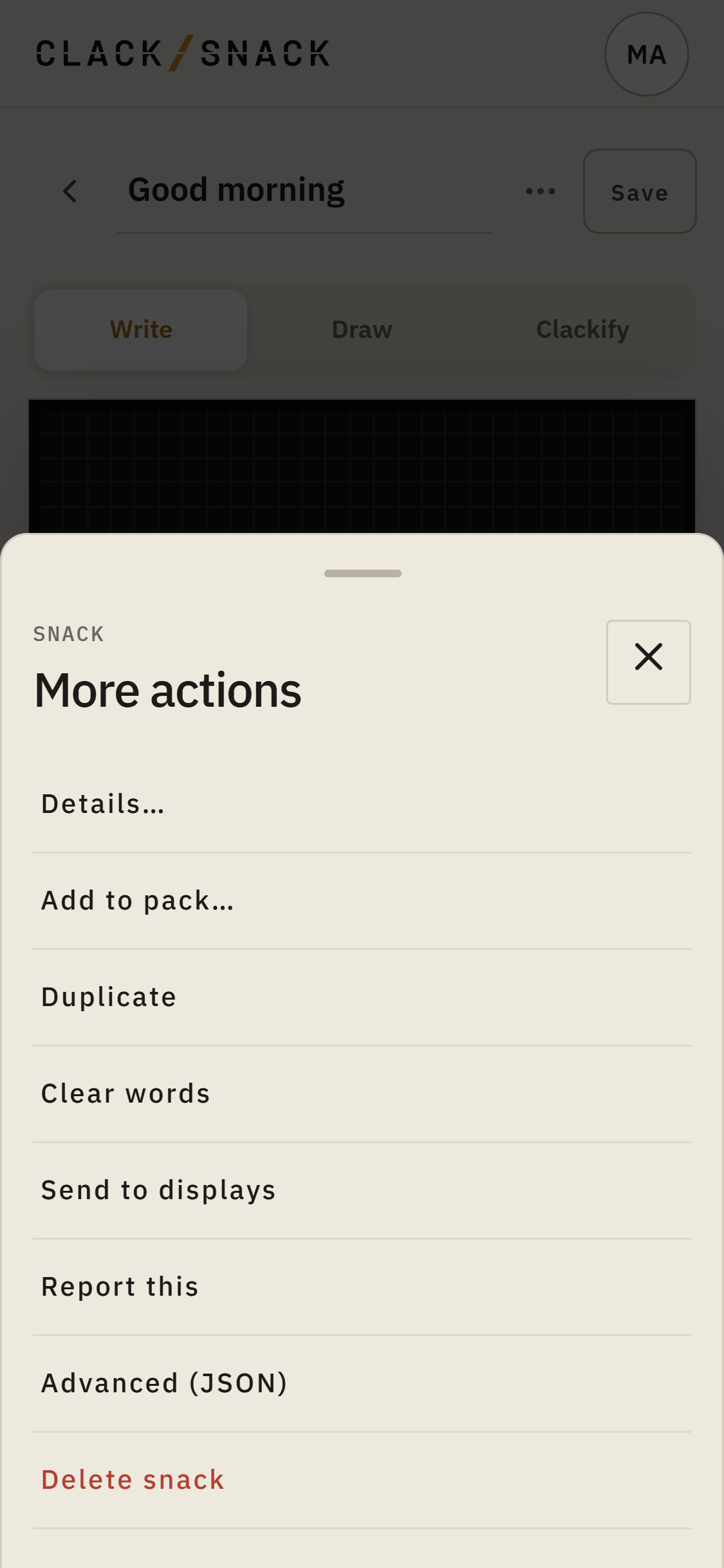 Saved Snack's More actions sheet with Report this.
